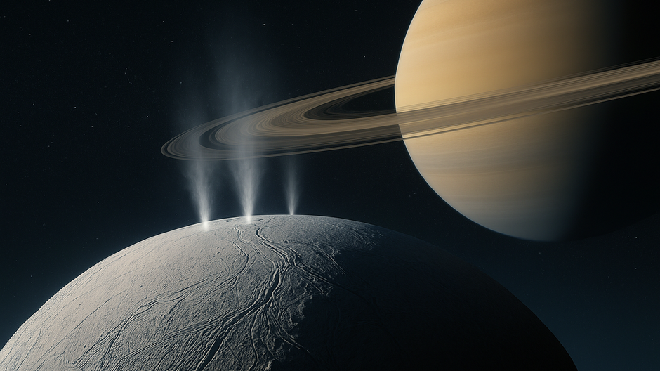 Ľadový mesiac Enceladus s trhlinami, spod ktorých uniká para z podzemného oceánu, na pozadí Saturn a jeho prstence.