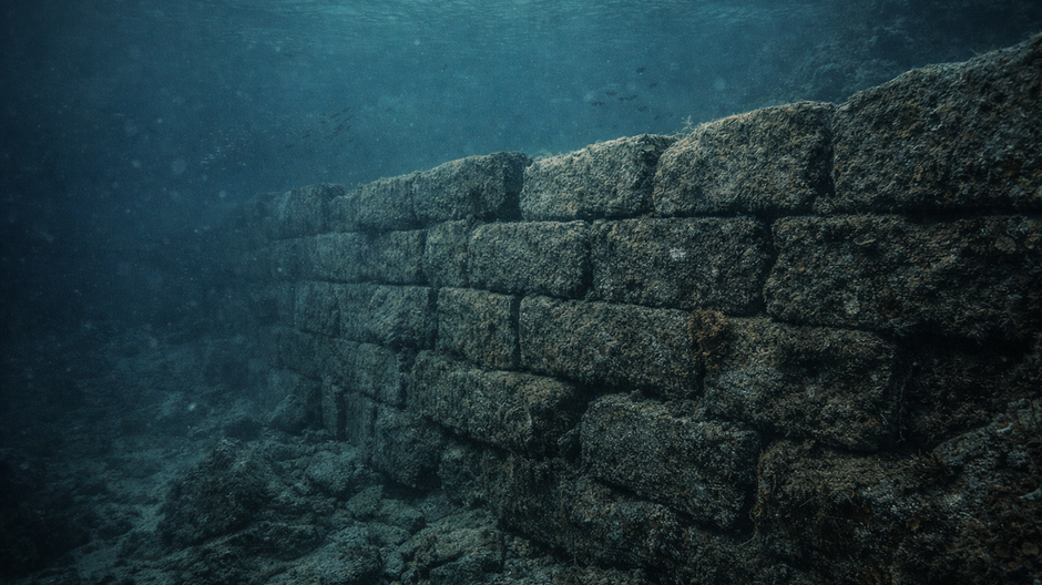Prehistorická kamenná stavba ležiaca na morskom dne pri pobreží Bretónska, osvetlená tlmeným svetlom prenikajúcim z hladiny
