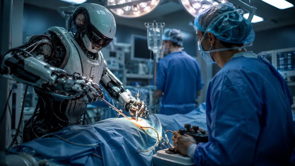 Humanoidný robot asistuje pri chirurgickej operácii v modernej nemocnici.