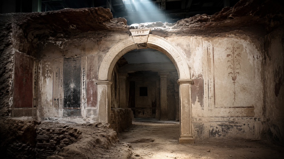 Zachované podzemné miestnosti rímskej domus pod strednou školou v Ríme s klenbou, freskami a archeologickým osvetlením.