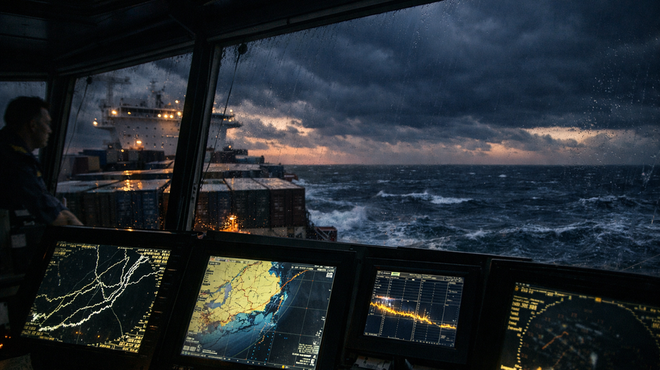 Veľká kontajnerová loď plávajúca na rozbúrenom mori počas súmraku, zatiaľ čo navigačné systémy na mostíku ukazujú chybné údaje GPS.