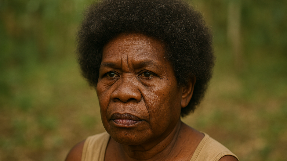 Portrét staršej ženy z etnika Ayta Magbukon s tmavou pleťou a hustými kučeravými vlasmi, sediacej v prírodnom prostredí tropického lesa na Filipínach.