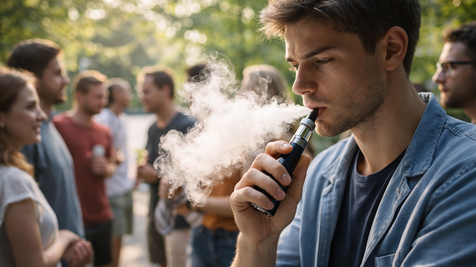 Fotorealistický detail človeka s elektronickou cigaretou