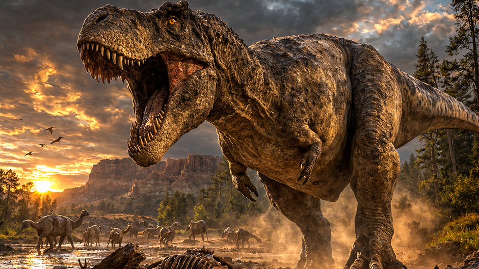 Fotorealistická scéna veľkého tyranosaura z neskorej kriedy kráčajúceho cez prašnú krajinu Nového Mexika pri západe slnka