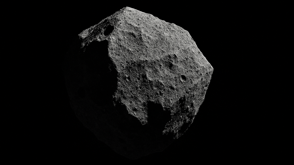 Detailný radarový záber asteroidu 2025 OW v hlbokom vesmíre, osvetlený z boku, s viditeľnými nerovnosťami a krátermi na povrchu.