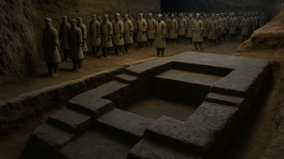 Podzemná vykopávka pri terakotovej armáde s radmi hlinených vojakov a záhadnou kamennou štruktúrou v popredí.