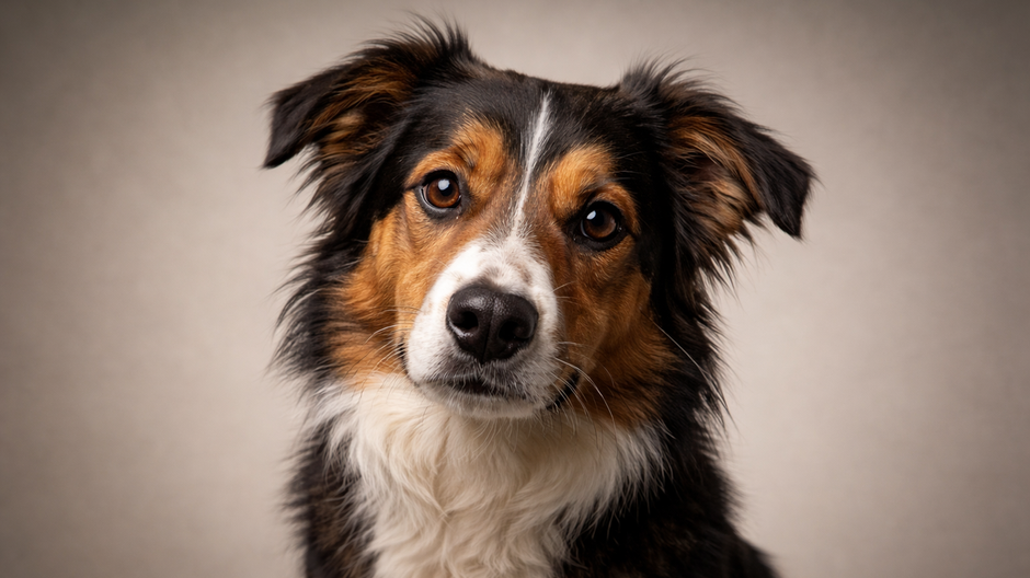 Fotorealistický portrét psa na neutrálnom pozadí so zameraním na výraz tváre a jemné signály správania.