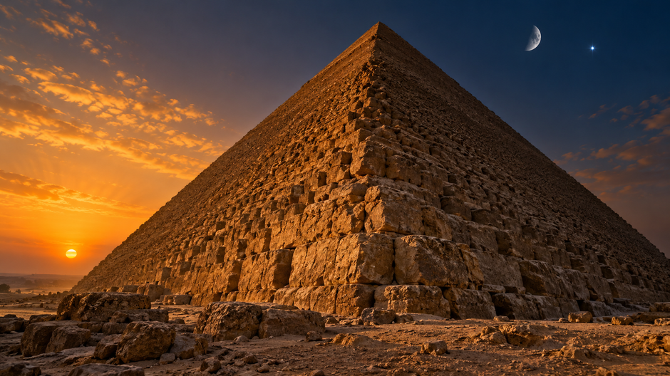 Veľká pyramída v Gíze pod nočnou oblohou, ktorej rozmery majú podľa novej hypotézy súvisieť s astronomickými cyklami.