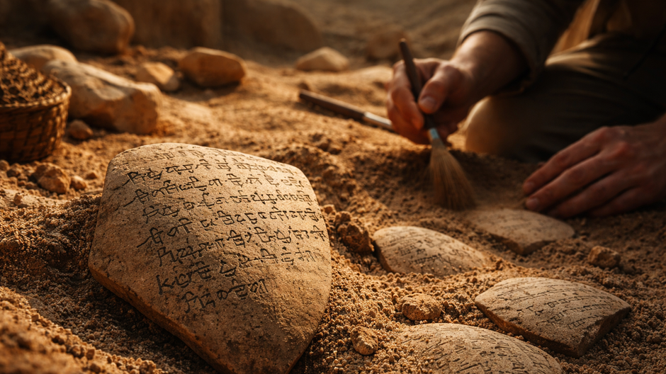 Keramický črep so staroegyptským písmom leží v piesku na archeologickom nálezisku v Athribise.