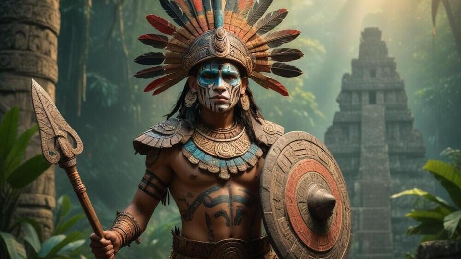 Battleready-Mayan-warrior-adorned-in-colorful-face 