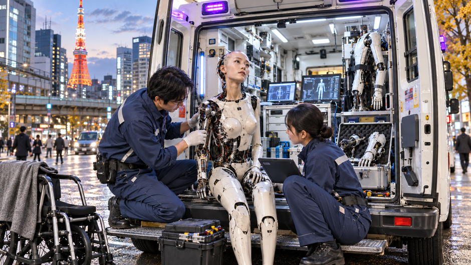 Pokazený humanoidný robot pri mobilnej servisnej sanitke pre roboty v Japonsku.