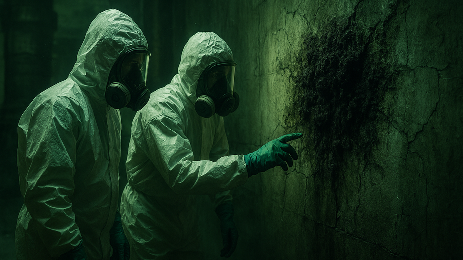 Vedci v ochranných oblekoch skúmajú čiernu hubu na stene černobyľského reaktora