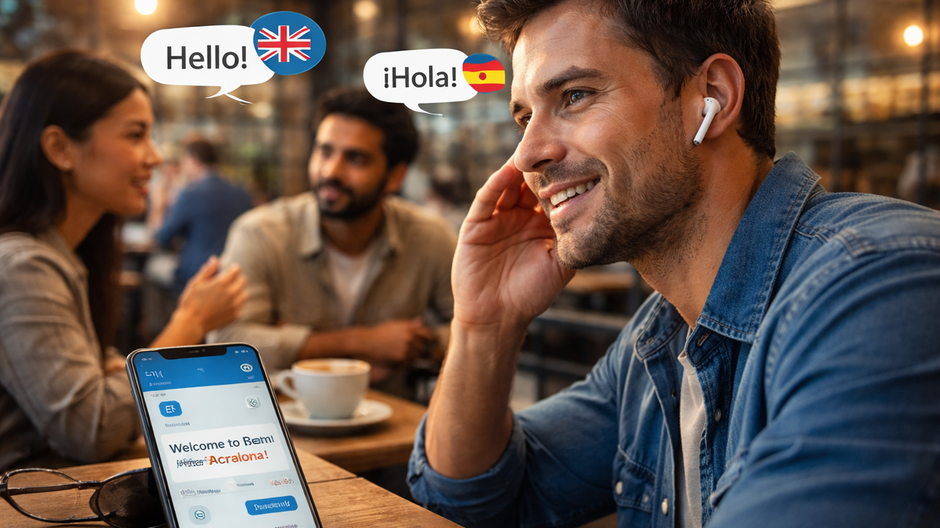 Muž so slúchadlami počúva preklad reči v reálnom čase v rušnej kaviarni, zatiaľ čo aplikácia v mobile okamžite prekladá cudzí jazyk pomocou umelej inteligencie.