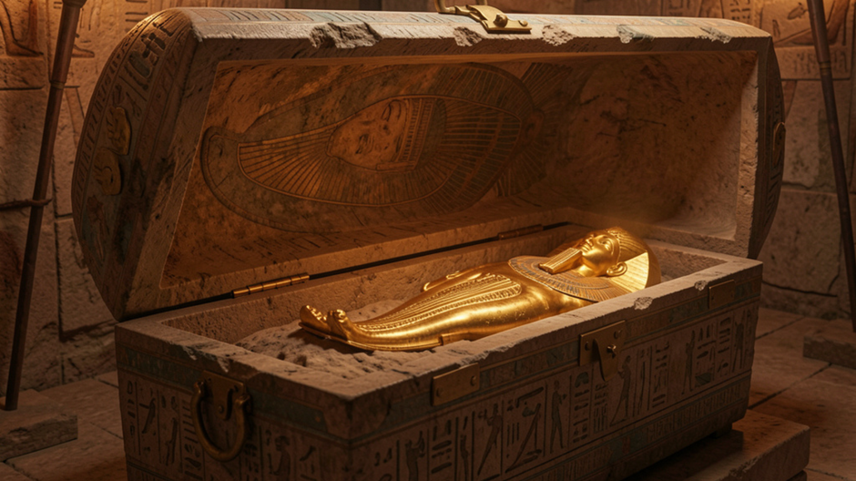 Archeologický pohľad do staroegyptskej hrobky s artefaktom v tvare zlatého jazyka.