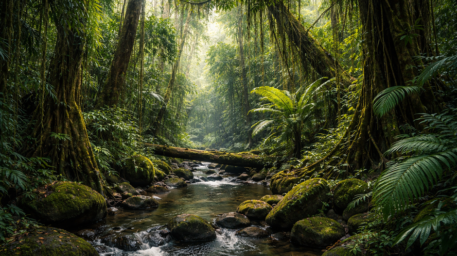 Pohľad zvnútra na bujnú vegetáciu dažďového pralesa