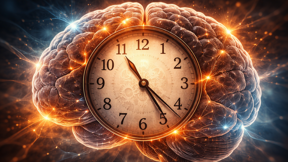 Digitálne spracovaný ľudský mozog s vloženými klasickými hodinami v strede, obklopený neurónovou aktivitou a svetelnými efektmi, symbolizujúci vnímanie času.