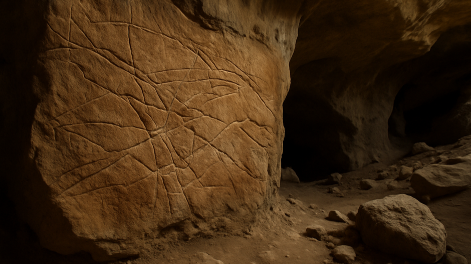 Vysokokvalitný záber steny jaskyne s pravekými rytinami pripomínajúcimi mapu terénu, osvetlený prirodzeným svetlom v pieskovo hnedej jaskyni