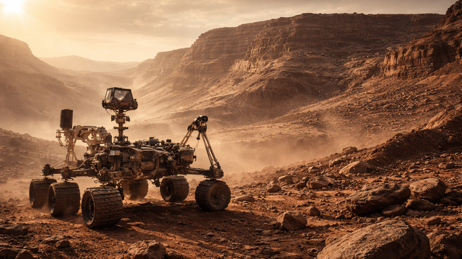 Rover Perseverance stojí na povrchu Marsu v kráteri Jezero, kde radar odhalil podzemné vrstvy starobylej riečnej delty.