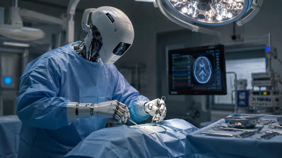 Robot v chirurgickom oblečení počas operácie mozgu na modernej operačnej sále.