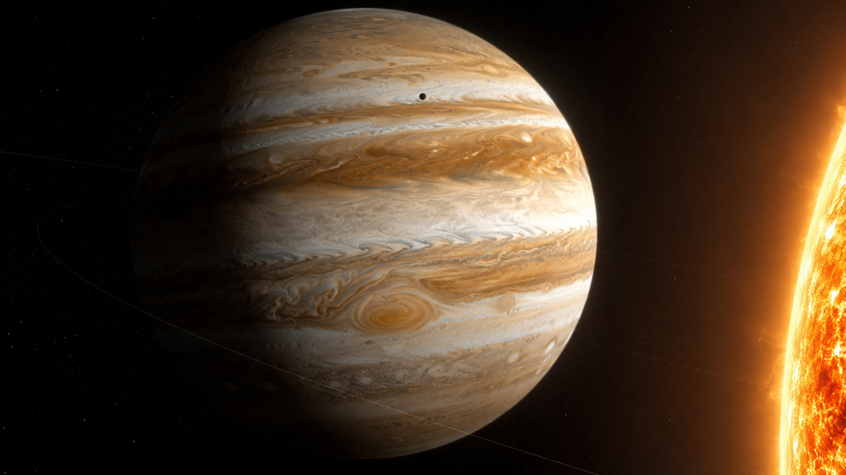 Fotorealistický pohľad na Jupiter pri okraji Slnka, ktorý symbolizuje spoločné ťažisko ich pohybu.
