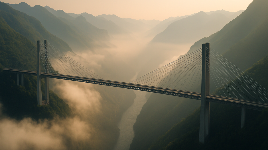 panoramatický pohľad na most Huajiang Grand Canyon, tiahnuci sa ponad rieku v hlbokom kaňone