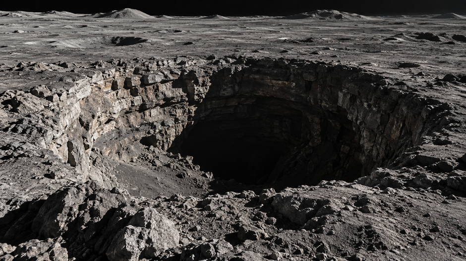 Marius Hills Pit na povrchu Mesiaca, ktorý môže viesť do podzemnej lávovej jaskyne.
