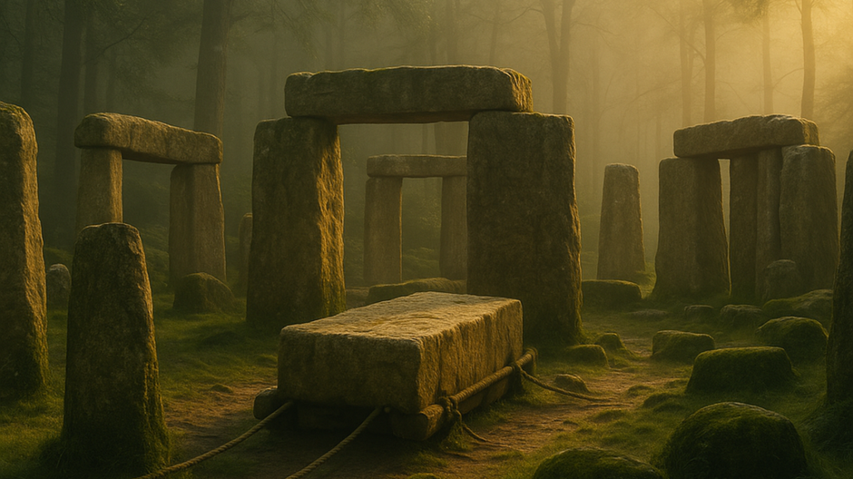 Kamenný kruh pripomínajúci mini Stonehenge stojí medzi vysokými stromami v rannom lese, zahalený hmlou a osvetlený teplým zlatým svetlom prenikajúcim cez koruny.