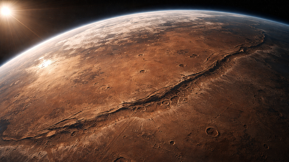 Pohľad na povrch Marsu s výraznou líniou pripomínajúcou staré pobrežie v realistickom dokumentárnom štýle.