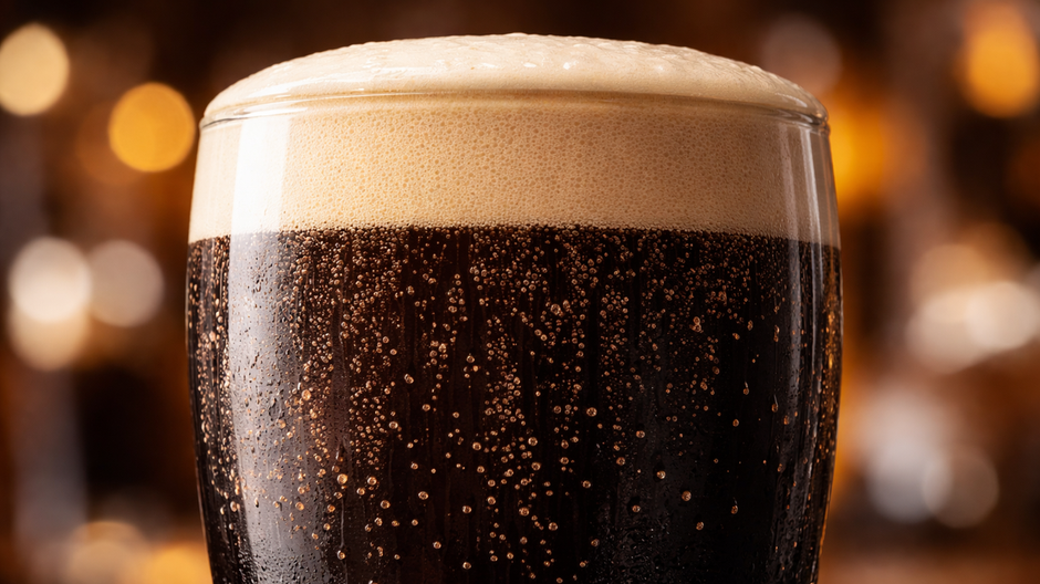 Detailný záber pohára piva Guinness s krémovou penou a drobnými bublinkami, ktoré prúdia smerom nadol pozdĺž stien skla.