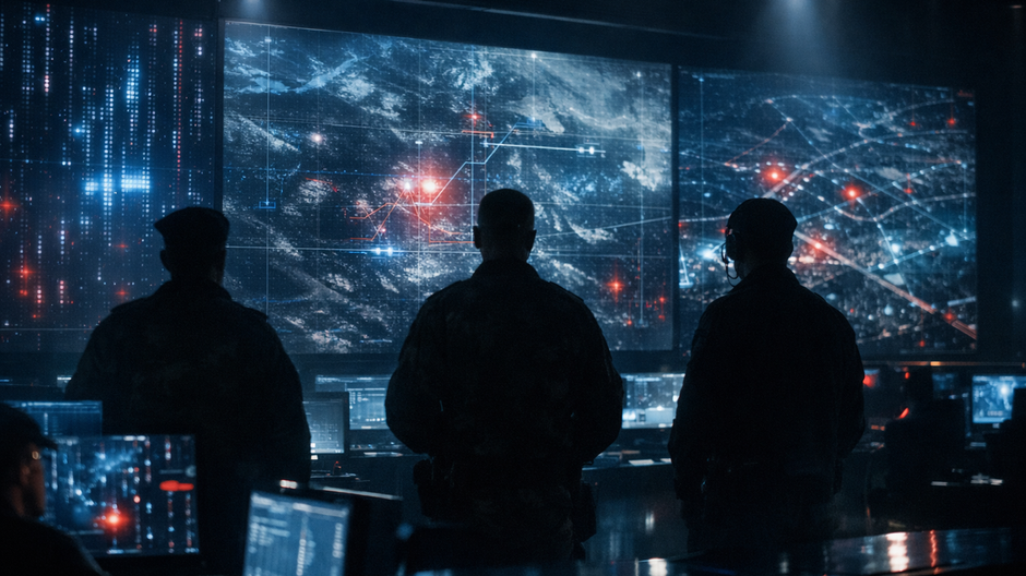 Moderné vojenské veliteľské centrum v noci s veľkými digitálnymi obrazovkami zobrazujúcimi satelitné snímky a abstraktné dátové mapy.