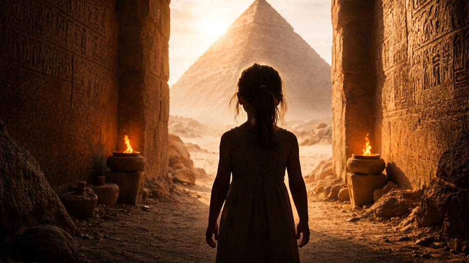 Silueta dieťaťa stojaceho v vchode egyptskej pyramídy, v pozadí osvetlená Veľká pyramída v Gíze v teplom púštnom svetle.