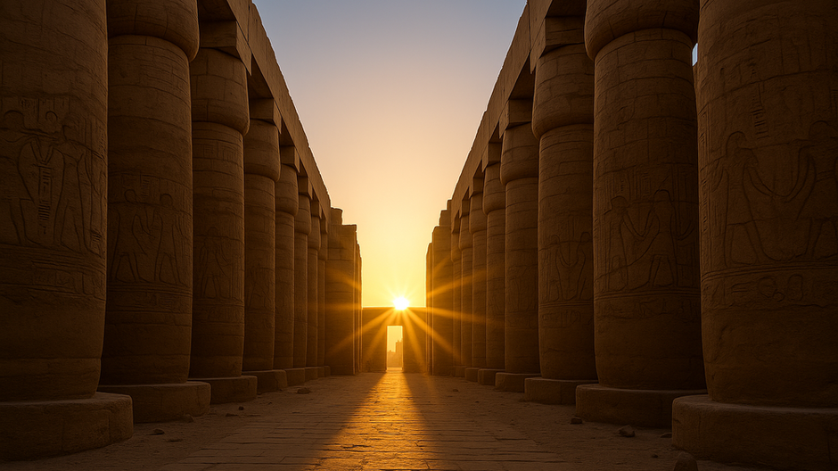 Slnečný lúč presne osvetľuje vnútorný priechod chrámu v Karnaku v Egypte počas solárneho zarovnania pri zimnom slnovrate.