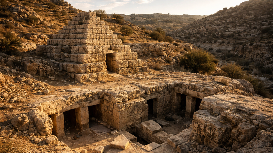 Fotorealistická archeologická scéna malej starovekej stupňovitej pyramídy z hrubých vápencových blokov v skalnatej judskej krajine, s čiastočne odkrytým pohrebiskom, kamennými komorami a tunelmi, nasvietená teplým popoludňajším svetlom