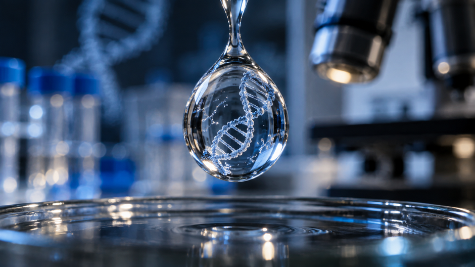 Kvapka vody s vizualizáciou molekúl DNA symbolizujúca molekulárny počítač vyvinutý výskumníkmi z Maynooth University.