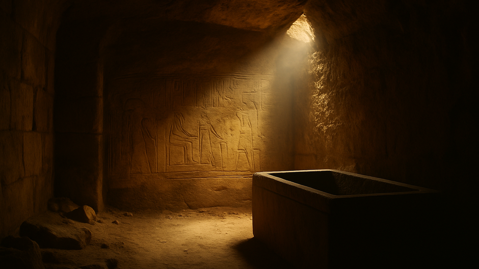 Tajomná staroegyptská hrobka s kamenným sarkofágom a lúčom svetla dopadajúcim zo stropného otvoru na stenu s hieroglyfmi.