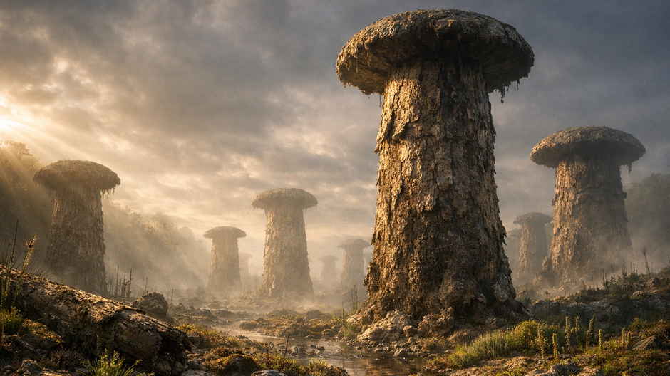 Fotorealistická paleo-rekonštrukcia devonskej krajiny s obrovskými hubami Prototaxites vysokými niekoľko metrov, obklopenými primitívnou vegetáciou bez stromov, v hmlistej atmosfére s nízkym slnečným svetlom.