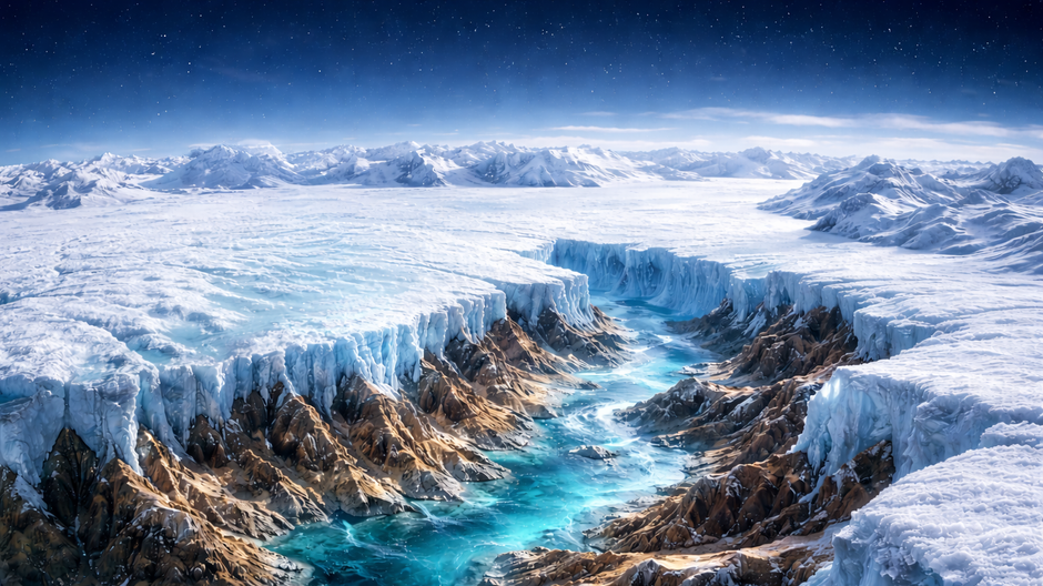 Skrytá hornatá krajina a kaňony pod ľadovou vrstvou Antarktídy zobrazené bez ľudí a techniky, ilustrácia podľadového sveta kontinentu