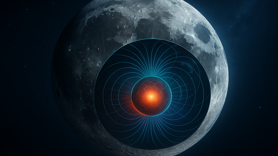 Ilustrácia mesačného povrchu s priesvitným pohľadom do vnútra, kde je zvýraznená anomálna oblasť so zvláštnym magnetickým poľom.