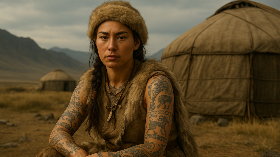 Fotorealistická rekonštrukcia ženy z altajskej pazyrykskej kultúry sediacej pred jurtou, so zložitými tetovaniami mýtických zvierat na rukách a tradičným kožušinovým oblečením v horskej stepnej krajine.
