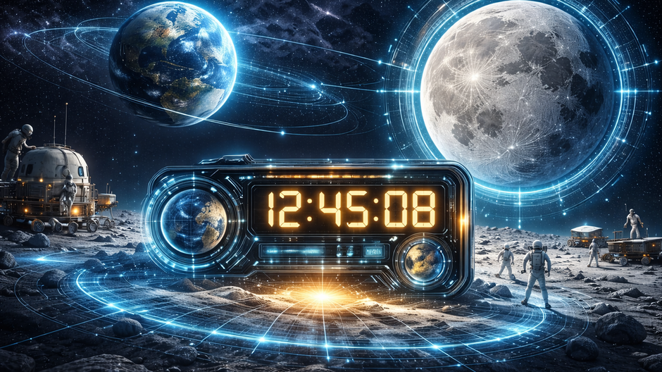 Ilustrácia synchronizácie času medzi Zemou a Mesiacom pomocou pokročilého vesmírneho softvéru
