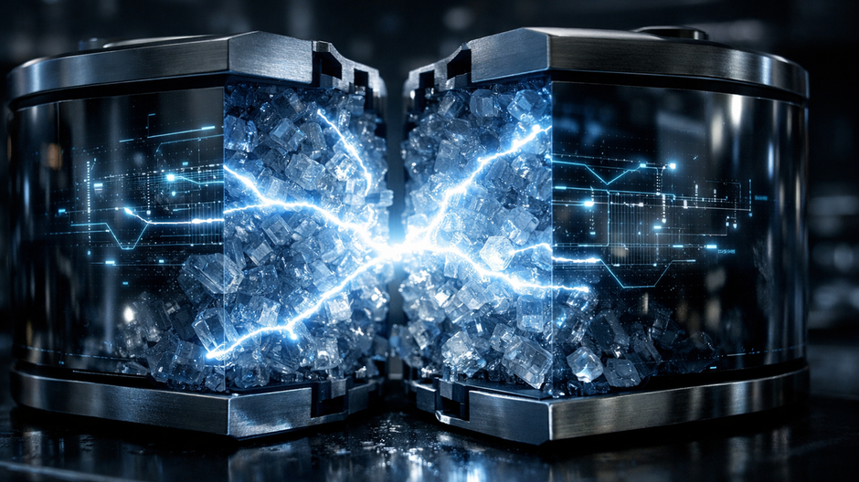 Detailný fotorealistický záber na futuristický článok solid-state batérie rozdelený na polovice v tmavom laboratóriu, s modro-bielymi energetickými pulzmi v kryštalickej štruktúre elektrolytu a lesklými kovovými povrchmi.