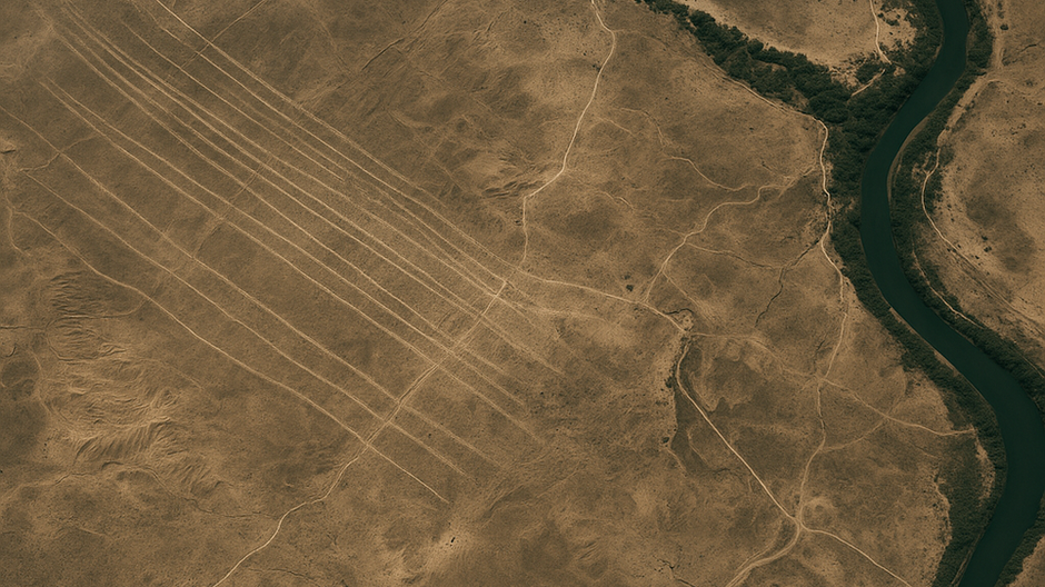 Letecký pohľad na irackú krajinu s topografickými stopami bitky pri al-Qadisiyyah
