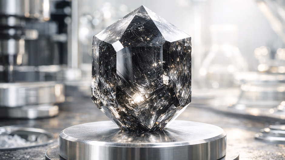 Makro záber na tmavý hexagonálny diamant v laboratórnom prostredí s dramatickým osvetlením