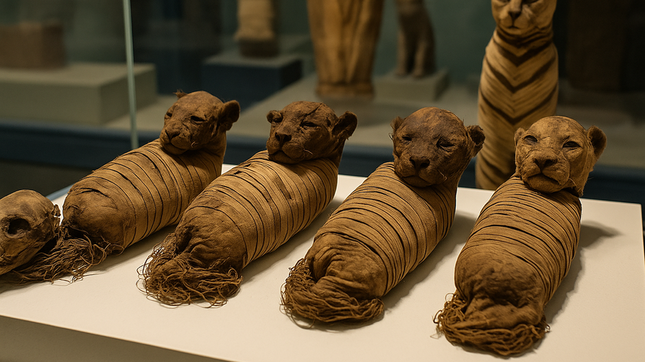 Staroveké mumifikované levíčatá vystavené v múzeu, nález z pohrebiska v Sakkáre, Egypt.