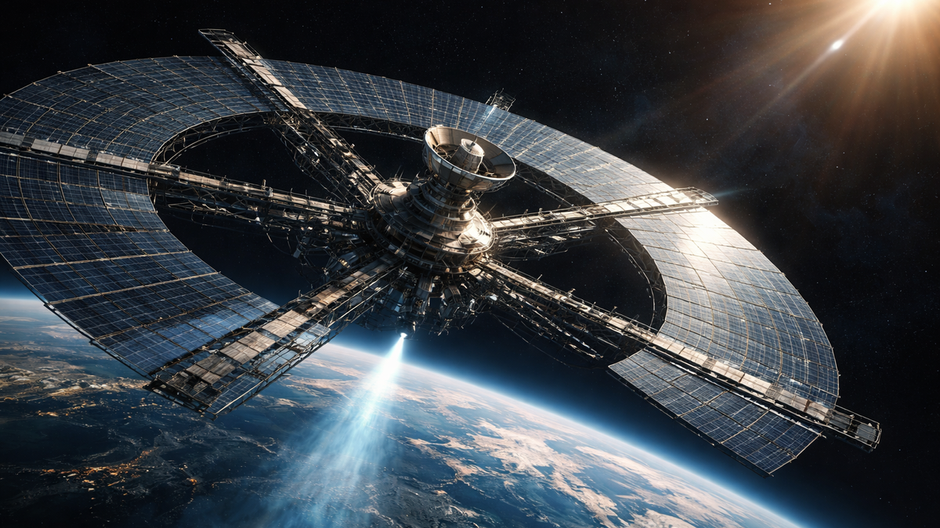 Fotorealistická vesmírna solárna elektráreň na orbite Zeme s veľkými panelmi a technológiou na prenos energie.