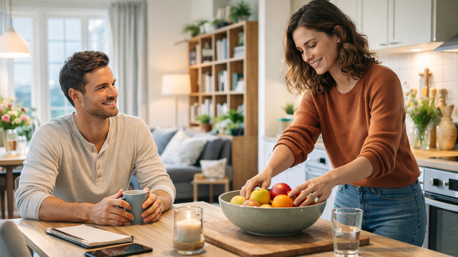 Dvaja ľudia trávia čas v modernej domácej kuchyni, čo symbolizuje vplyv spolužitia na črevný mikrobióm.