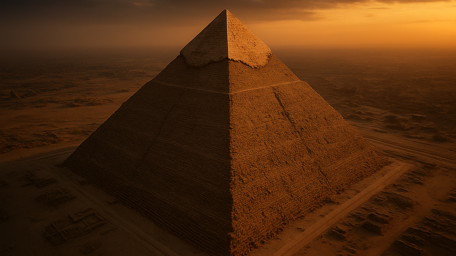 Letecký pohľad na Veľkú pyramídu v Gíze pri západe slnka, odhaľujúci jej jemné steny.