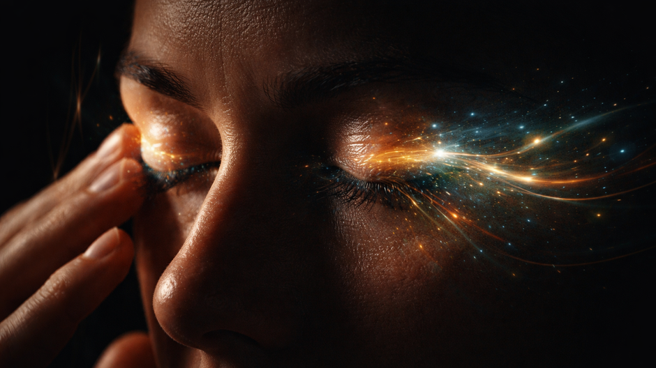Žena so zatvorenými očami vidí farebné svetelné vzory po pretretí oka.