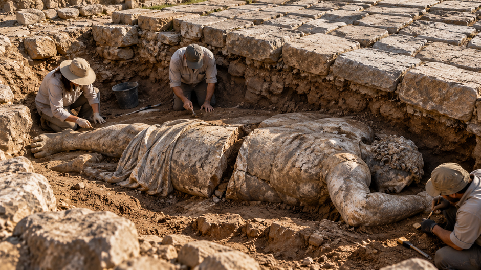 Archeológovia odkrývajú monumentálnu 2 500 rokov starú sochu nájdenú tvárou nadol pod rímskou cestou v Sardách.