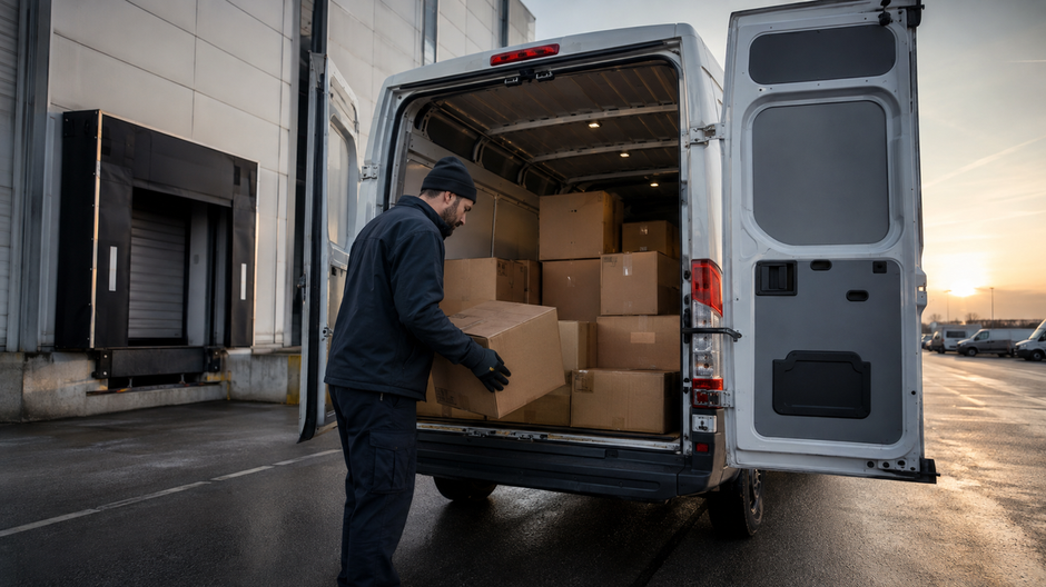 Kuriérske auto pri distribučnom centre s balíkmi, medzi ktorými sa môžu prepravovať aj mumifikované ľudské pozostatky.